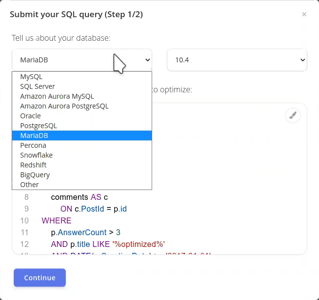 EverSQL SQL query optimization dialog window image